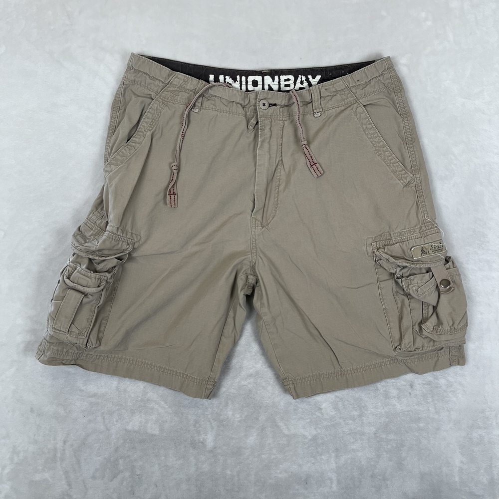 VTG Unionbay Cargo Shorts Mens 38 Beige Ripstop 9 Inseam Drawstring Utility Y2K
